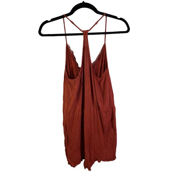 Aeropostale Women's Lace Eyelash Trim Romper Playsuit Rust Large Y2K Boho Hippie - Picture 2 of 8